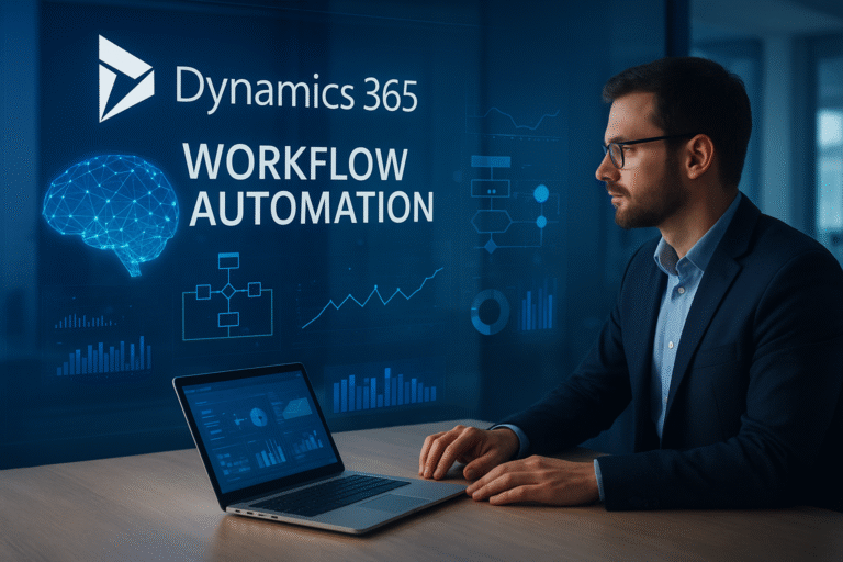 Business team reviewing automated workflows and dashboards in Dynamics 365 on a large digital screen inside a modern office.